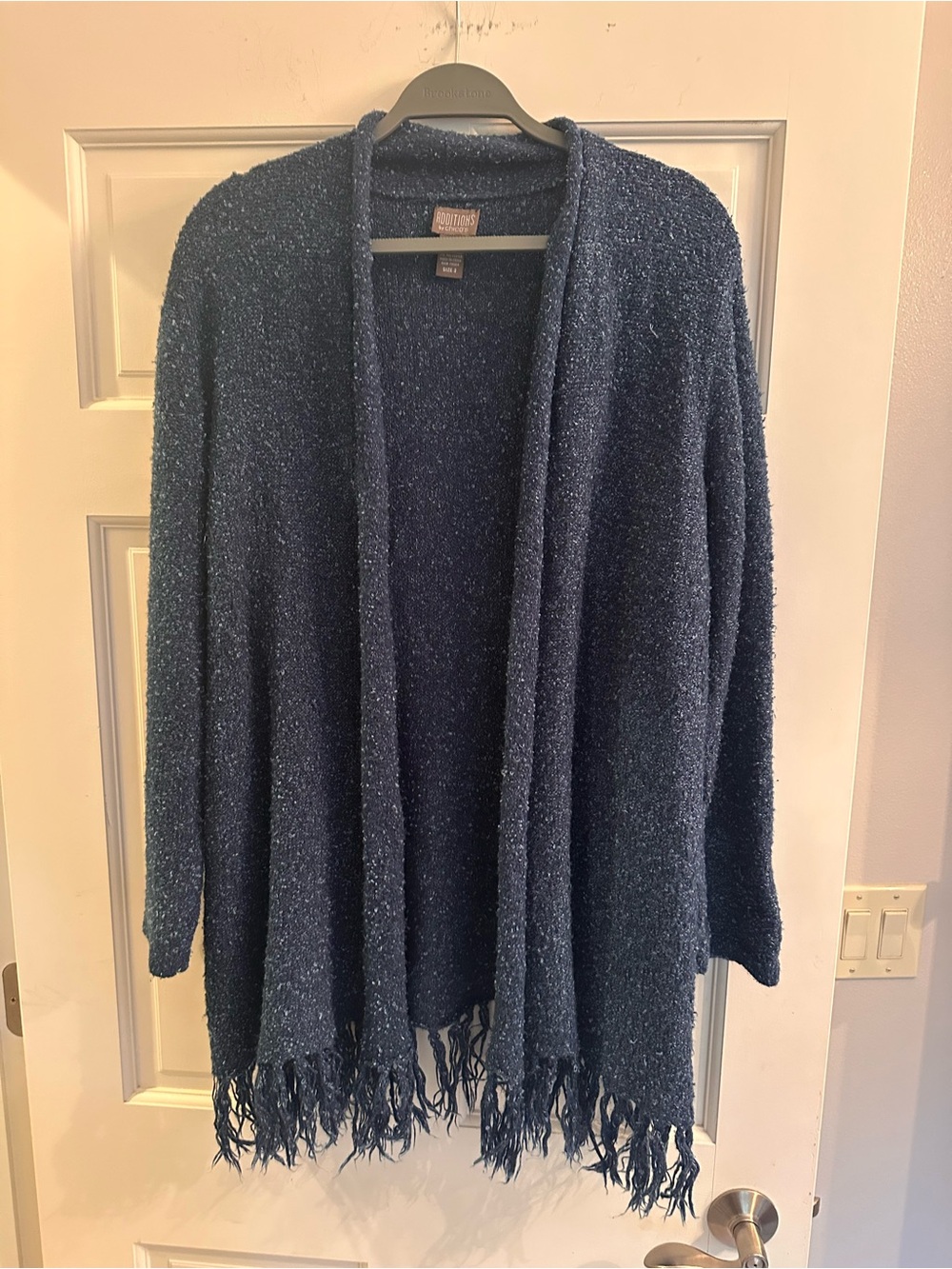 Chico's Navy Open-Front Bouclé Cardigan with Fringe